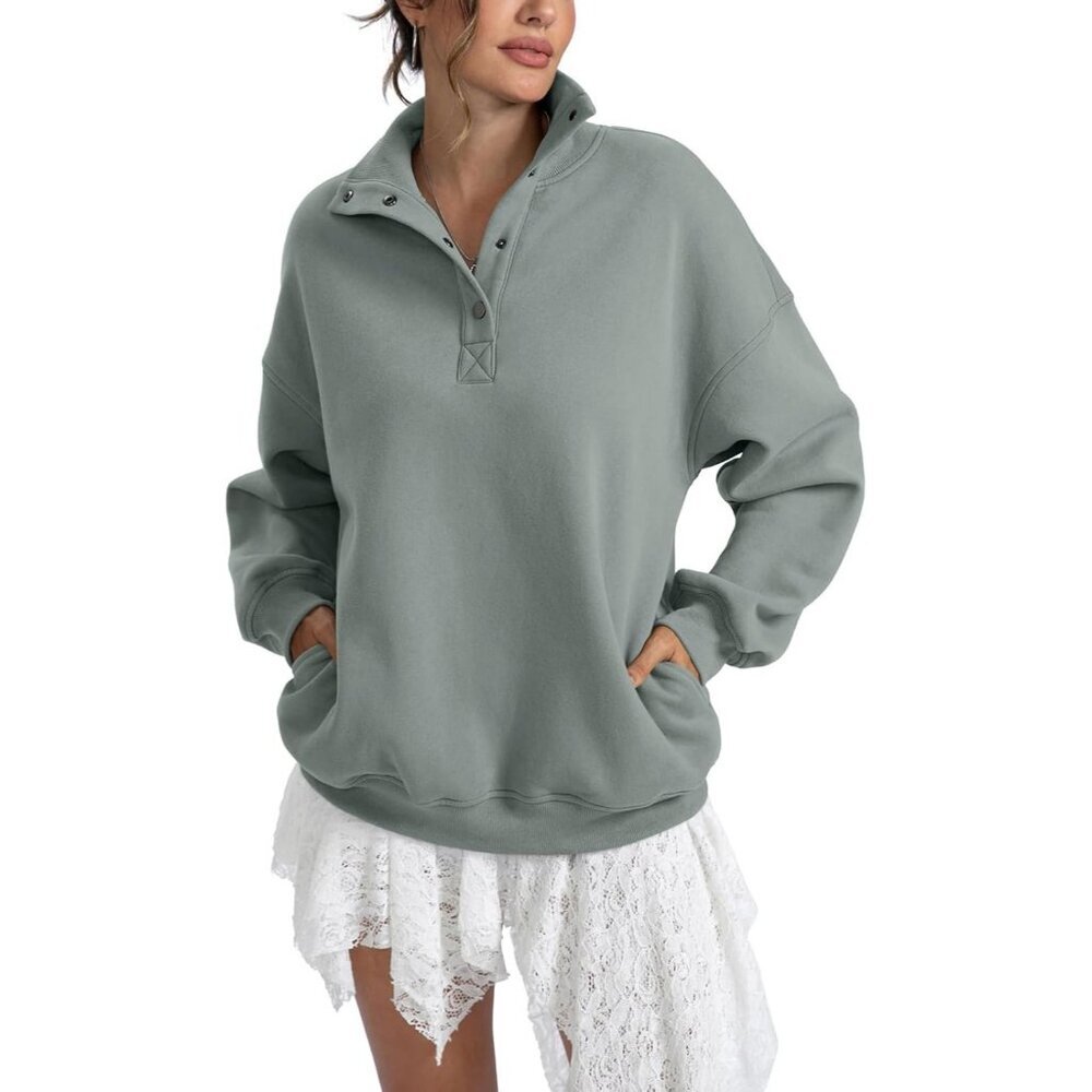 Women's Dark Green Sweatshirts Trendy Tops Fleece Henley Neck Long Sleeve Button - Picture 4 of 6